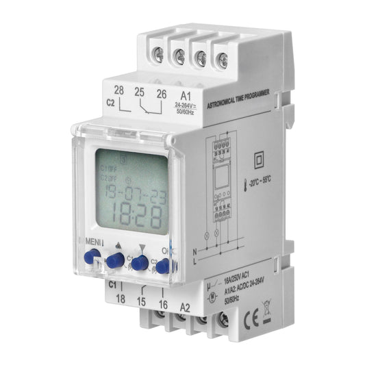 Trano Digitale Astronomische Zeitschaltuhr DIN-Schiene, 100 Programme, 2 Relais 16A/230V, 3 Sprachen, Nachtpause, Akku, Weiß