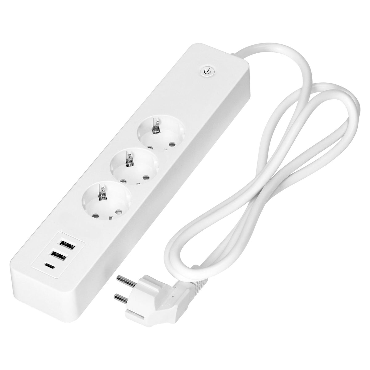 Trano Smart Wi-Fi Steckdosenleiste 3x Schuko 3680W, 3x USB A+C 2,4A, Energiezähler, Alexa/Google kompatibel, Weiß, 1,8m Kabel