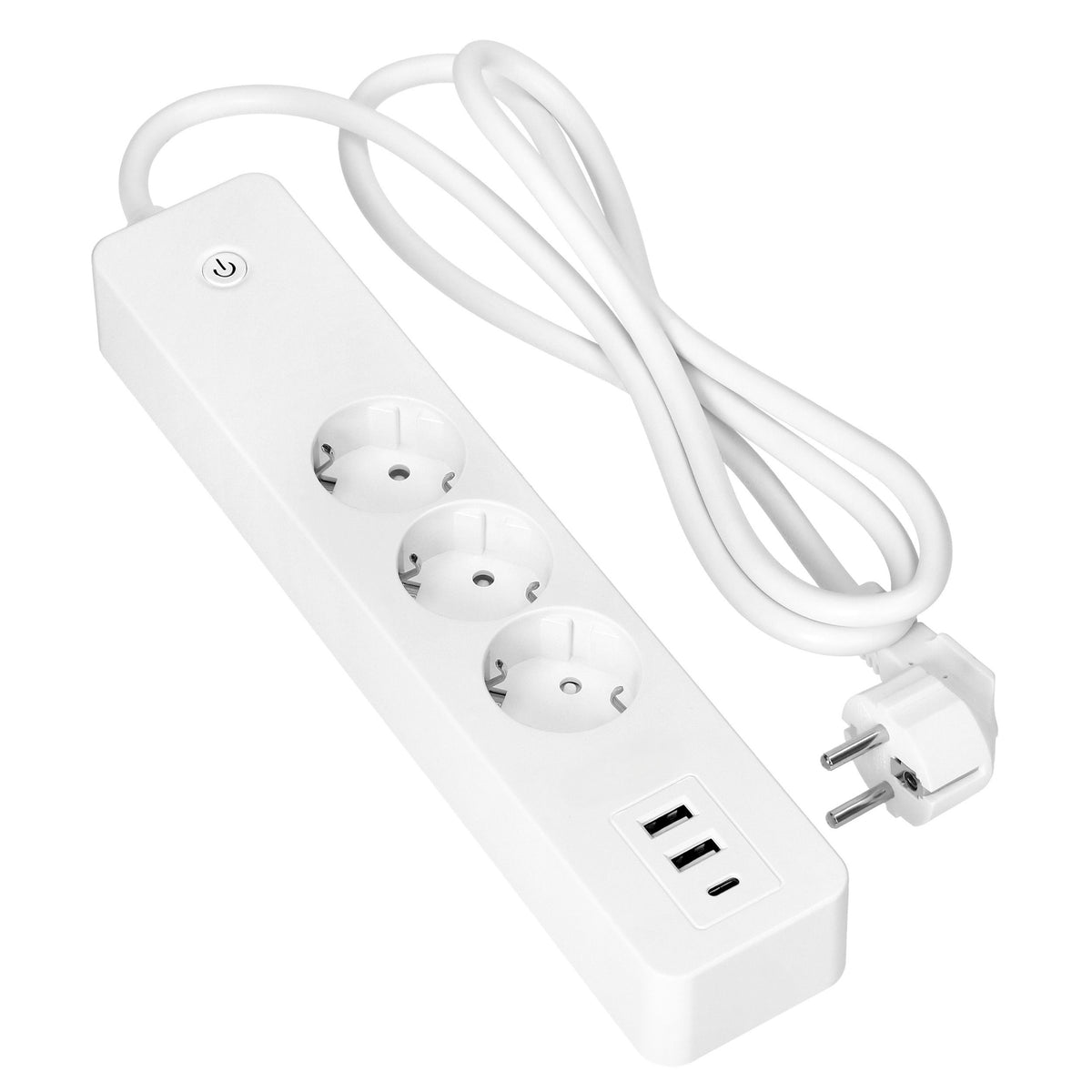 Trano Smart Wi-Fi Steckdosenleiste 3x Schuko 3680W, 3x USB A+C 2,4A, Energiezähler, Alexa/Google kompatibel, Weiß, 1,8m Kabel