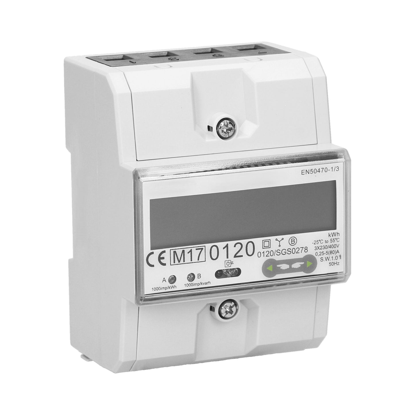 Trano 3-Phasen Energiezähler RS-485 Modbus | 80A MID zertifiziert | 4,5 Module DIN TH-35mm | LCD 6+2 | IP51 | 1000 imp/kWh