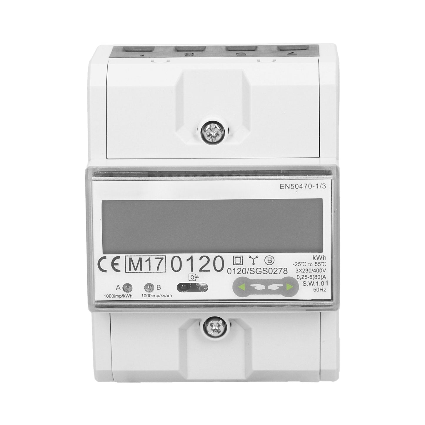 Trano 3-Phasen Energiezähler RS-485 Modbus | 80A MID zertifiziert | 4,5 Module DIN TH-35mm | LCD 6+2 | IP51 | 1000 imp/kWh