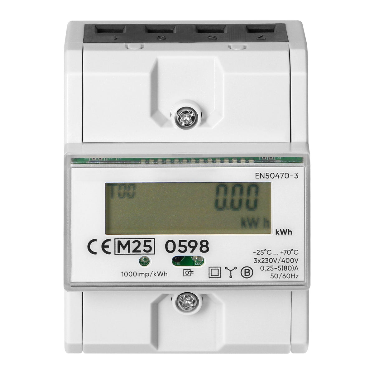 Trano 3-Phasen Energiezähler MID 80A | LCD 6+2 | DIN-Schiene 4,3 Module | 3x230/400V AC | IR-Schnittstelle | S0 Impuls | IP51 | EN 50470-3