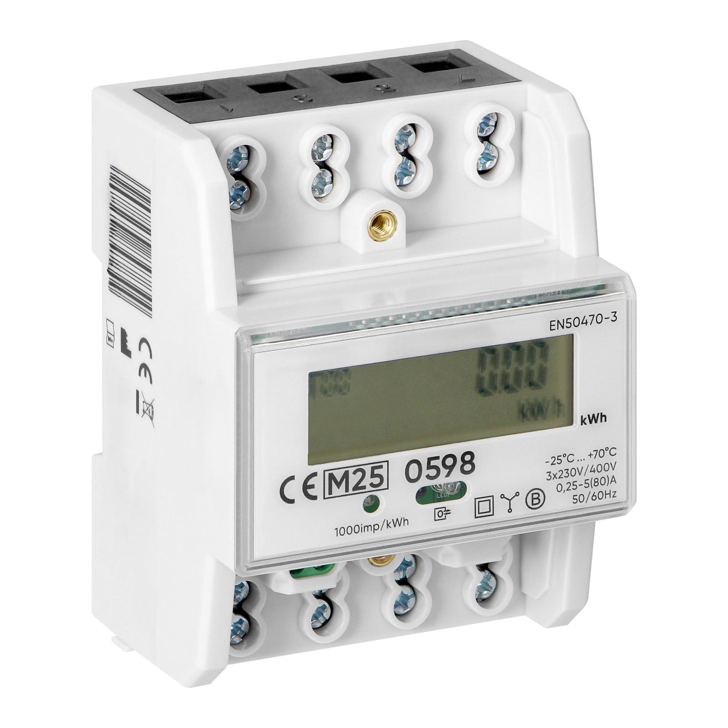 Trano 3-Phasen Energiezähler MID 80A | LCD 6+2 | DIN-Schiene 4,3 Module | 3x230/400V AC | IR-Schnittstelle | S0 Impuls | IP51 | EN 50470-3