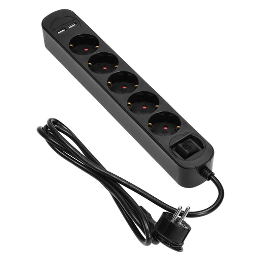 Steckdosenleiste 5-fach, 2 USB-Ladegeräte, 1,5m Kabel, Schwarz