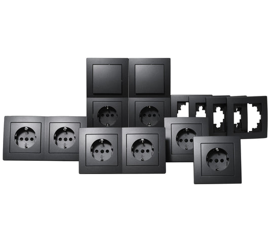 Trano Schalter und Steckdosen Set Flair "Standard" 20-teilig Anthrazit - Unterputz, Steckdosen, Wechselschalter, Rahmen 1-fach & 2-fach, Schalterprogramm Design