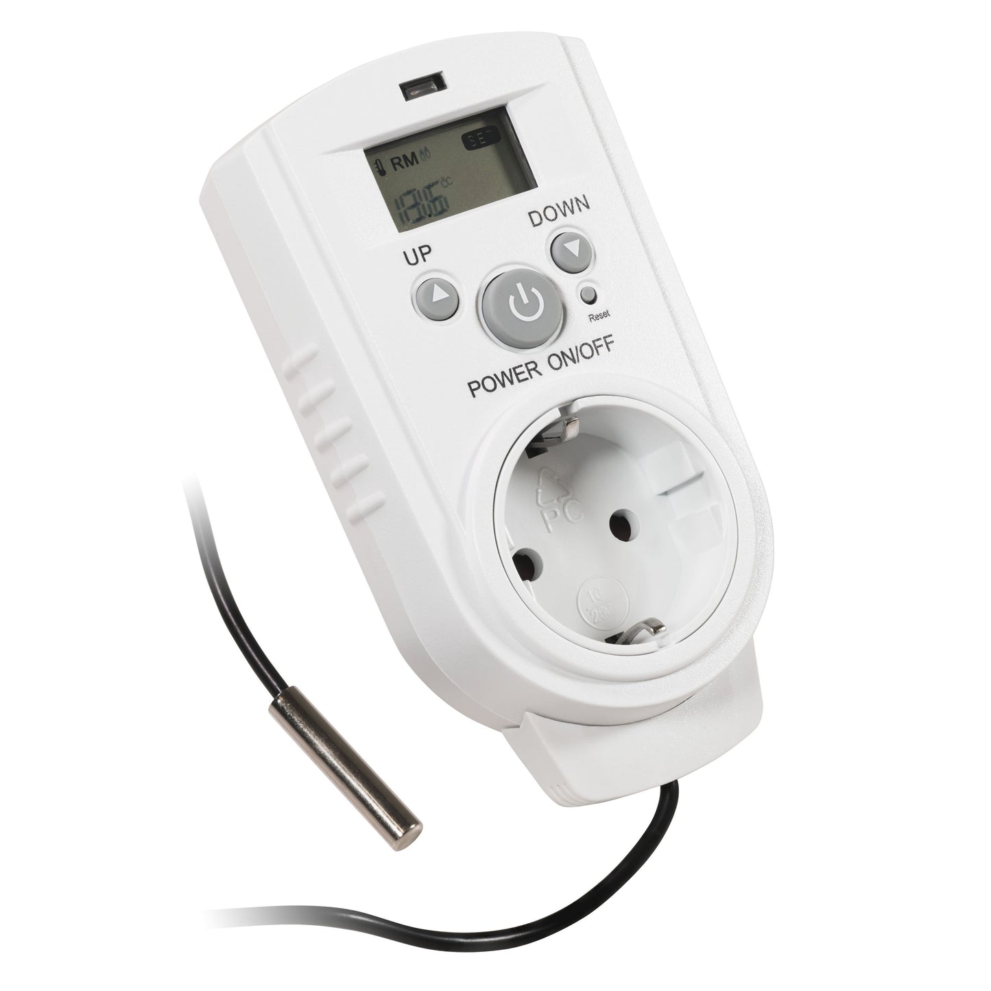 Steckdosen-Thermostat mit LC-Display und mit und ohne Außenfühler, 230V/16A, Temperaturregelung +5 °C bis +30 °C