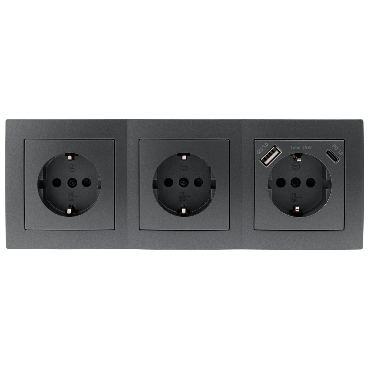 Trano Steckdosenblock Flair: 3-fach anthrazit mit USB-C (PD 18W) & USB-A