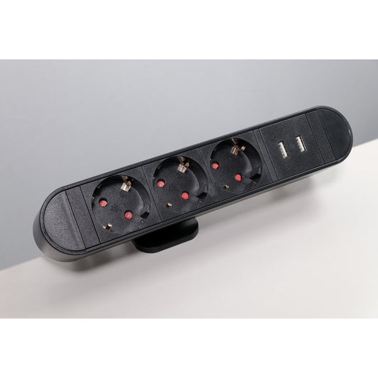 Trano Tischsteckdose mit Klemme, 3-fach Steckdosenleiste, 2x USB-A Ladebuchsen (2,1A), Schreibtisch Mehrfachsteckdose, 2m Kabel, Homeoffice Stromverteiler, max. 3600W, Schwarz