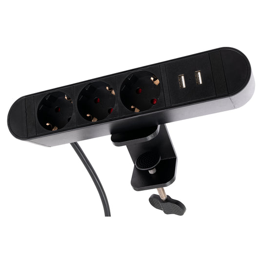 Trano Tischsteckdose mit Klemme, 3-fach Steckdosenleiste, 2x USB-A Ladebuchsen (2,1A), Schreibtisch Mehrfachsteckdose, 2m Kabel, Homeoffice Stromverteiler, max. 3600W, Schwarz