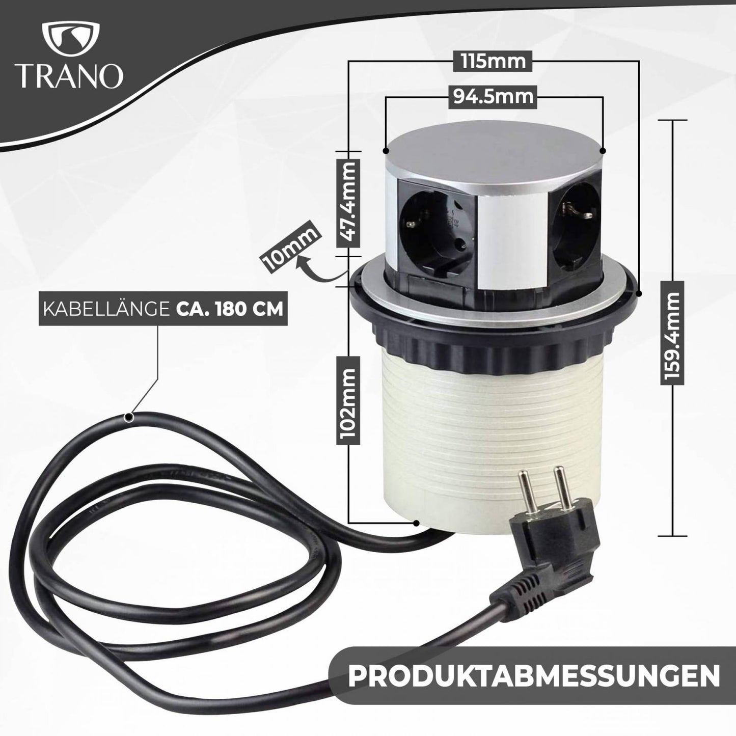 Einbausteckdose rund versenkbar 3-fach + 2x USB silbern elegant Steckdosen Küche