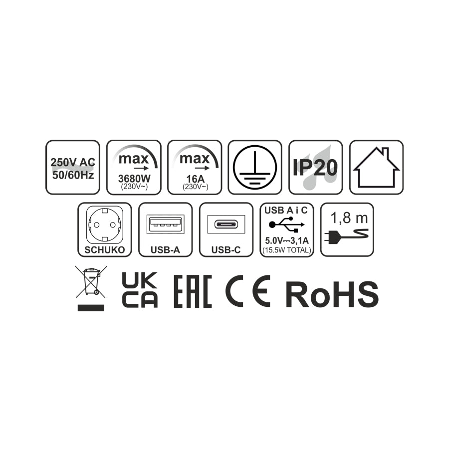 Möbel-Steckdose 3-fach  USB A und C Büro Mehrfachsteckdose Steckdosenleiste 1,8m