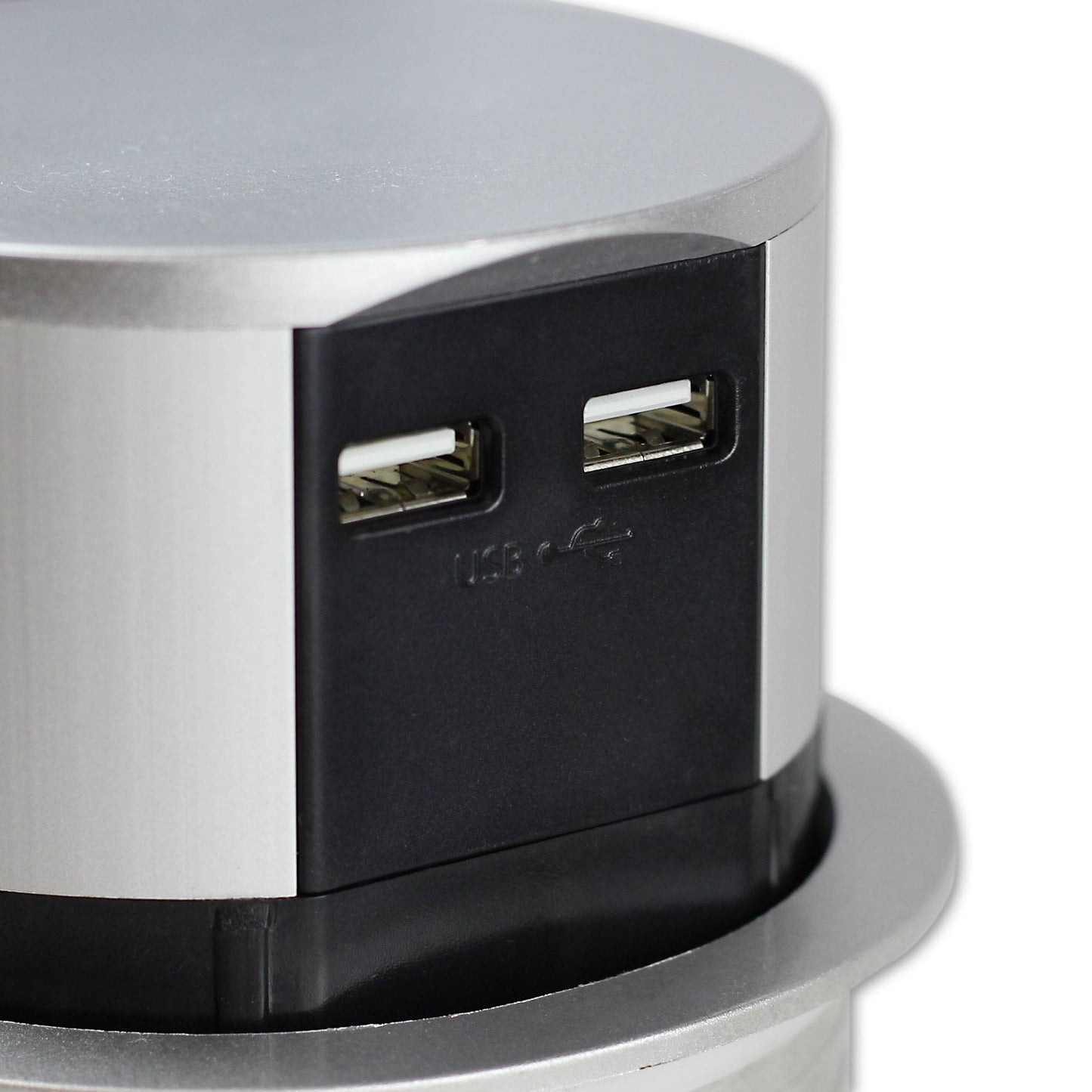 Einbausteckdose rund versenkbar 3-fach + 2x USB silbern elegant Steckdosen Küche