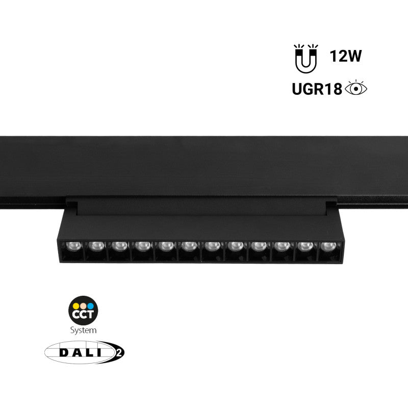 Trano 48V Magnet‑Schienenstrahler CCT 12W/18W DALI‑2 dimmbar UGR18, 24° Spot, CRI 95, schwenkbar – Linear LED Lampe Schwarz