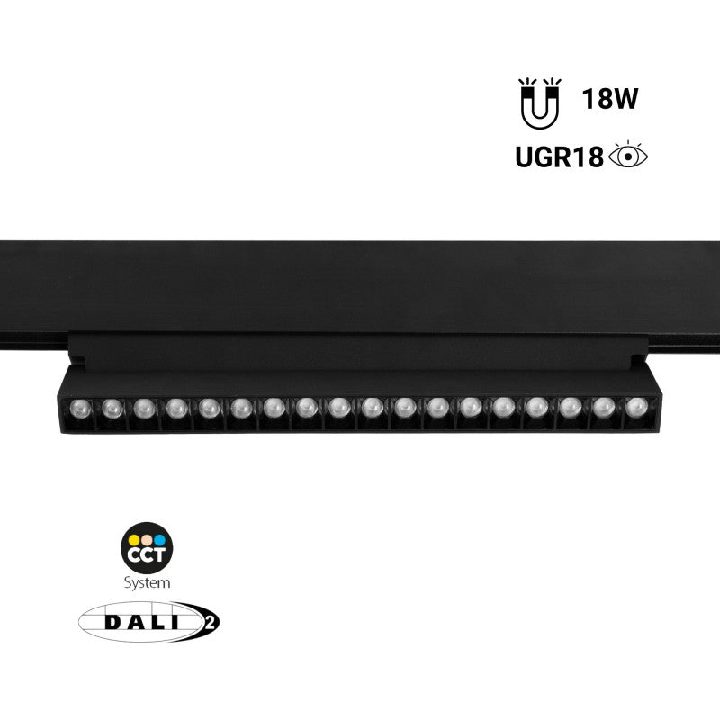 Trano 48V Magnet‑Schienenstrahler CCT 12W/18W DALI‑2 dimmbar UGR18, 24° Spot, CRI 95, schwenkbar – Linear LED Lampe Schwarz