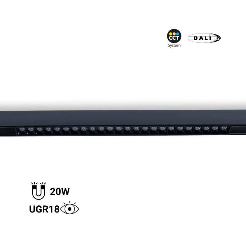 Trano 48V Magnet Schienensystem LED CCT Leuchte 12W/20W DALI‑2 dimmbar UGR18 – 2700‑6000K, 24° Spot, Aluminium, CE/ROHS