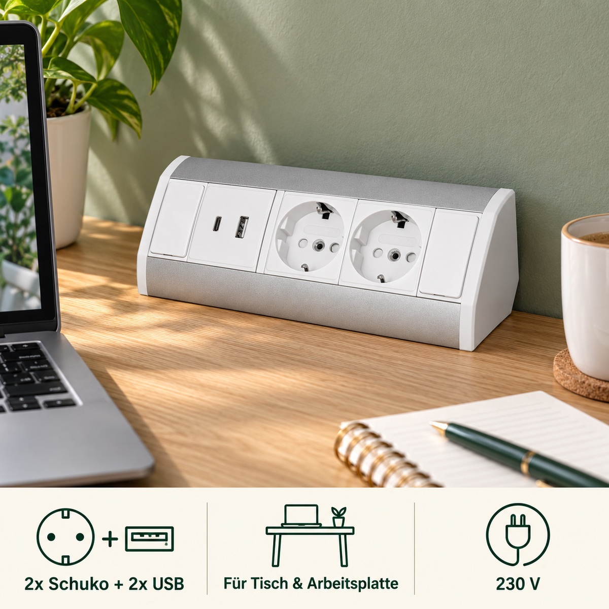 Möbel-Steckdose weiß Aluminium Schalter Tischsteckdose Küchensteckdose Steckdosenleiste Ecke, Variante: 2x Schuko + 2x USB – Lifestyle 2