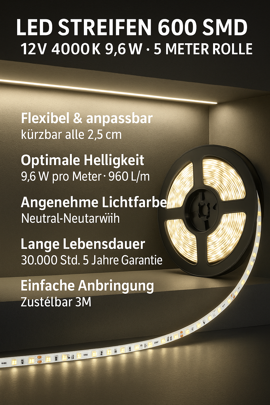 LED Streifen 600 SMD 12V 4000K 9,6W - 5 Meter Rolle