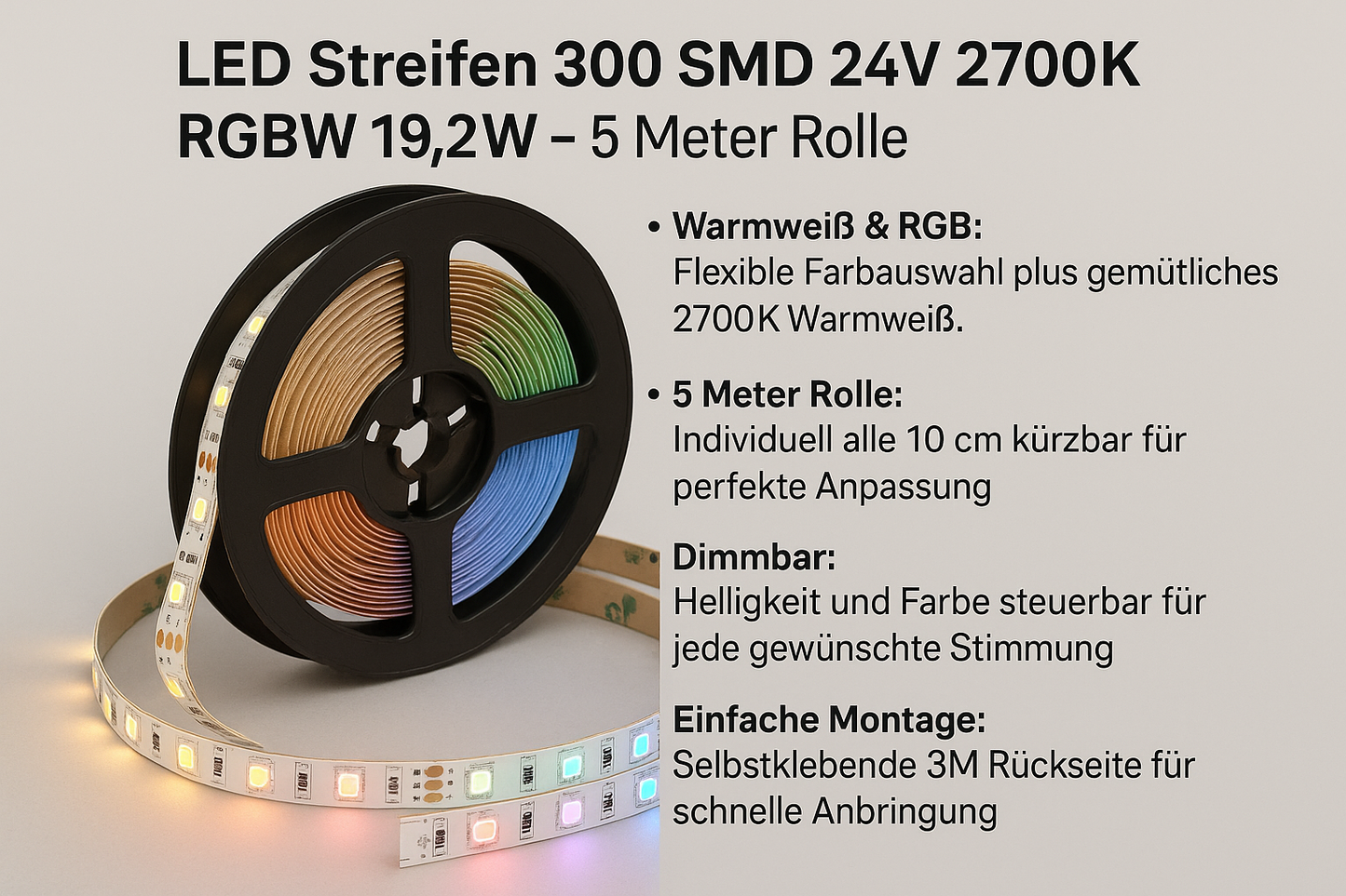 LED Streifen 300 SMD 24V 2700K RGBW 19,2W - 5 Meter Rolle