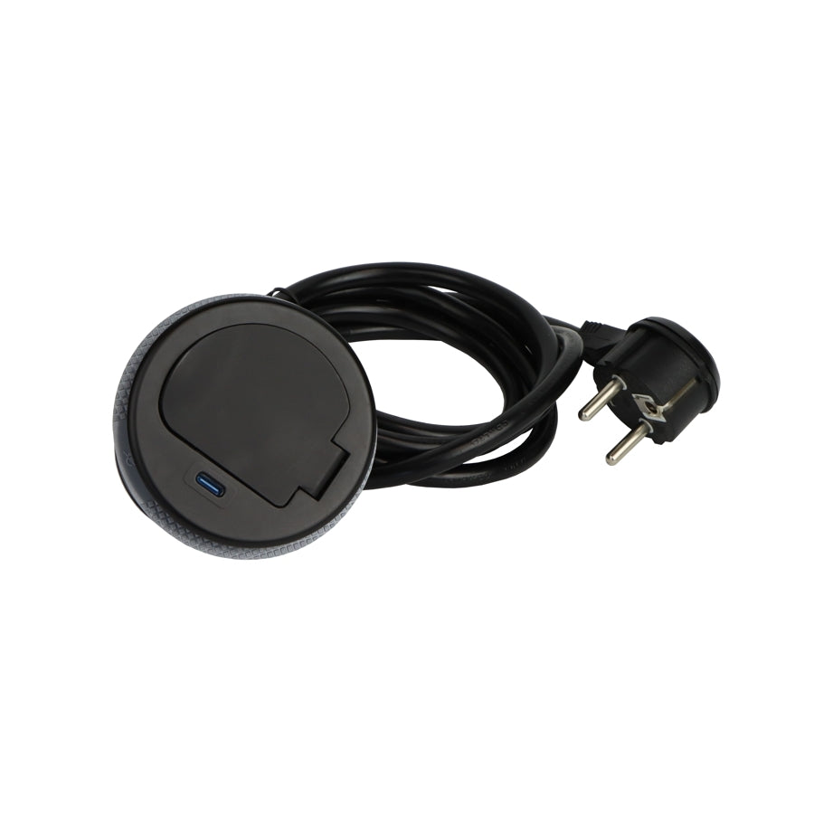 Einbausteckdose mit USB-C, schwarz, 230V AC, 3600W, IP20, Ø72mm, 1,8m Kabel