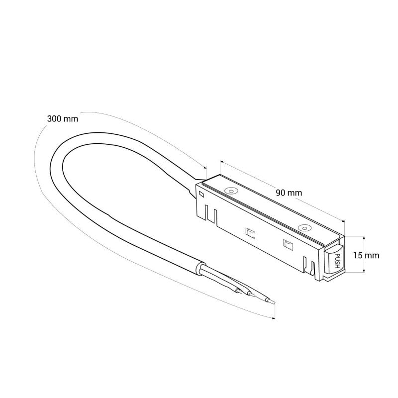 Trano 48V Einspeisung mit 300 mm Kabel für 20 mm Magnetschienen – DALI‑kompatibel, IP20, 90×15 mm, Schwarz