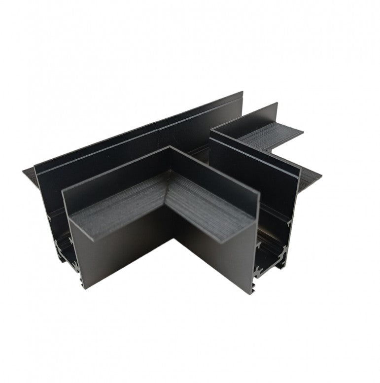 Trano Verbinder für 20 mm Einbau‑Magnetschienen – L, T & X – 90° Verbindungen, Aluminium, IP20, Schwarz, inkl. Montagezubehör, magnetisches 48V System