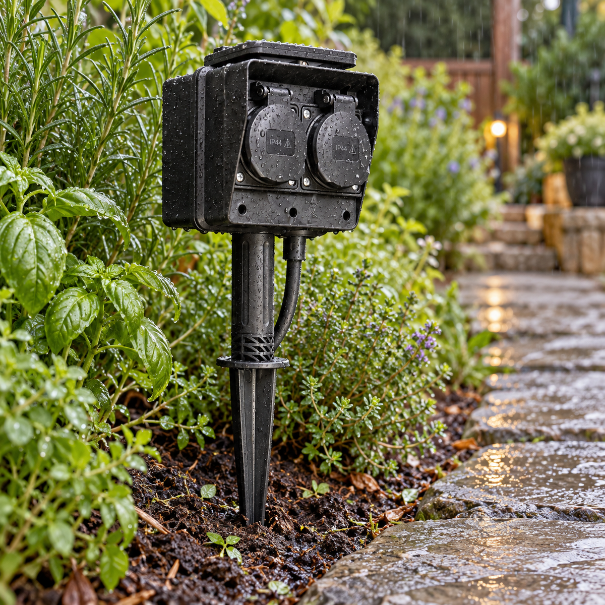 Trano Gartensteckdose mit Zeitschaltuhr – bei Regen