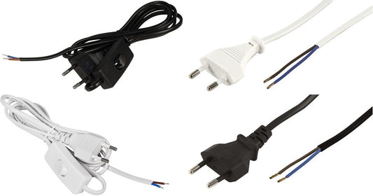 Euro-Netzkabel-Sammlung: Verschiedene Längen und Farben, mit und ohne Schnurschalter, blanken Enden, 2x0,75 mm²
