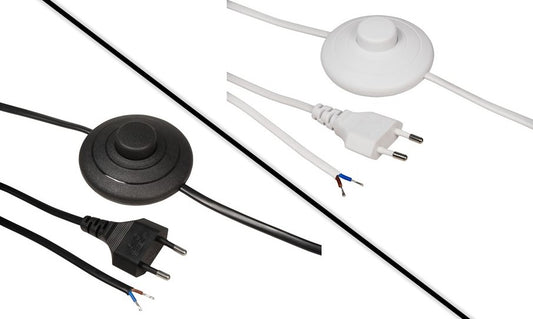 Euro-Netzkabel mit Fußschalter, 2m, Weiß/Schwarz, Blanken Enden, H03VVH2-F, 100W Max