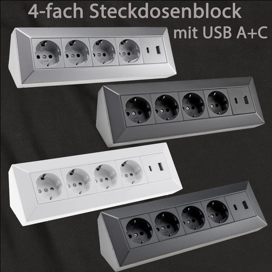 4-fach Steckdosenblock mit USB-A & USB-C, 250V~/16A, 3600W, PD 20W, 3,1A, Aufbaumontage, 26x8x8cm, in 4 Farben
