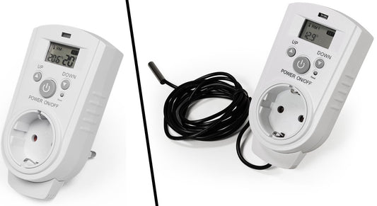 Steckdosen-Thermostat mit LC-Display und mit und ohne Außenfühler, 230V/16A, Temperaturregelung +5 °C bis +30 °C