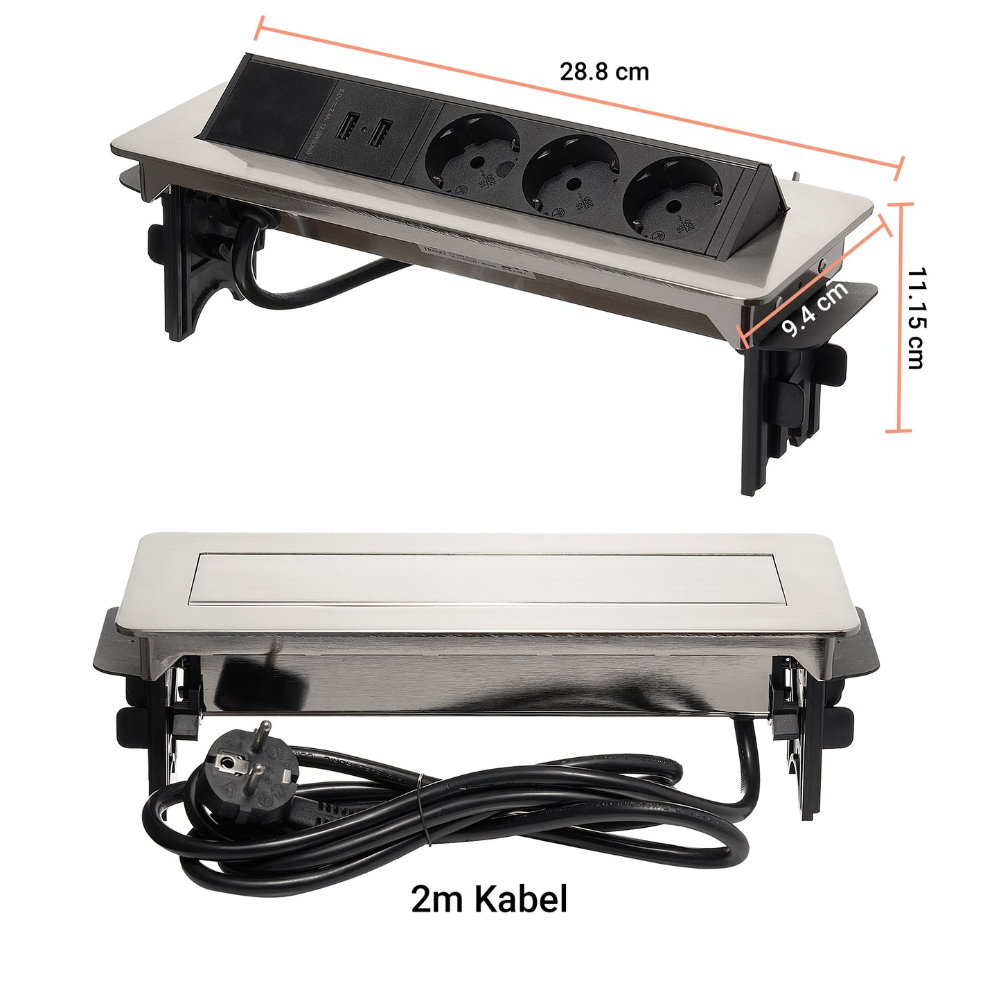 Möbel-Steckdose 3-fach 2x USB Mehrfachsteckdose Küche 2m Kabel Steckdosenleiste