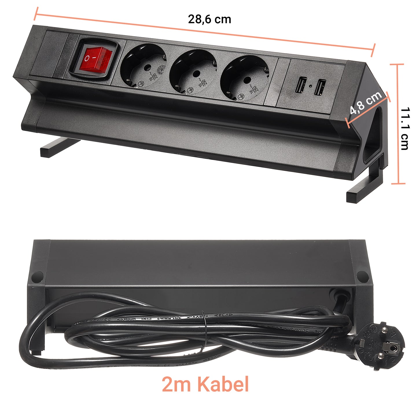 Tisch-Steckdose 3-fach 2x USB Schalter Mehrfachsteckdose Büro 2m Kabel