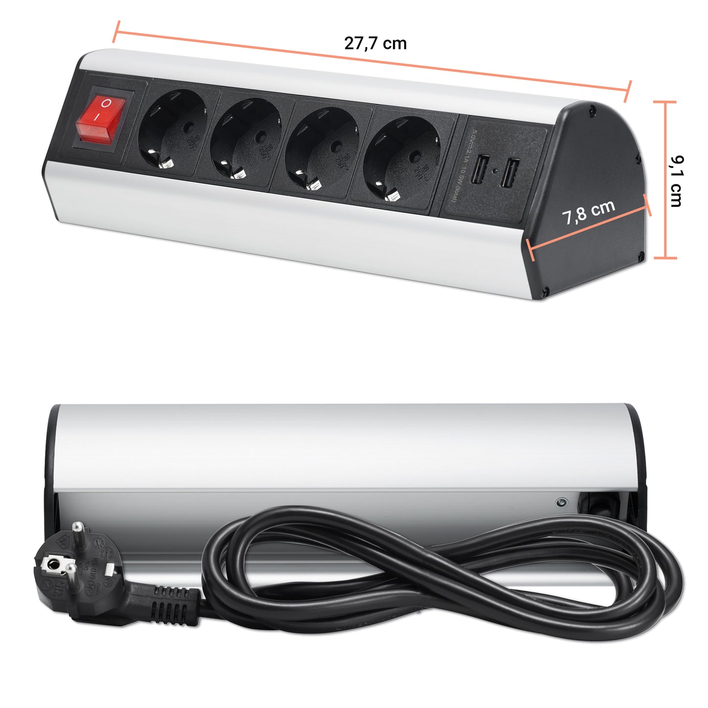 Möbel-Steckdose 4-fach Schalter USB Steckdosenleiste Schreibtisch Büro Küche 2m