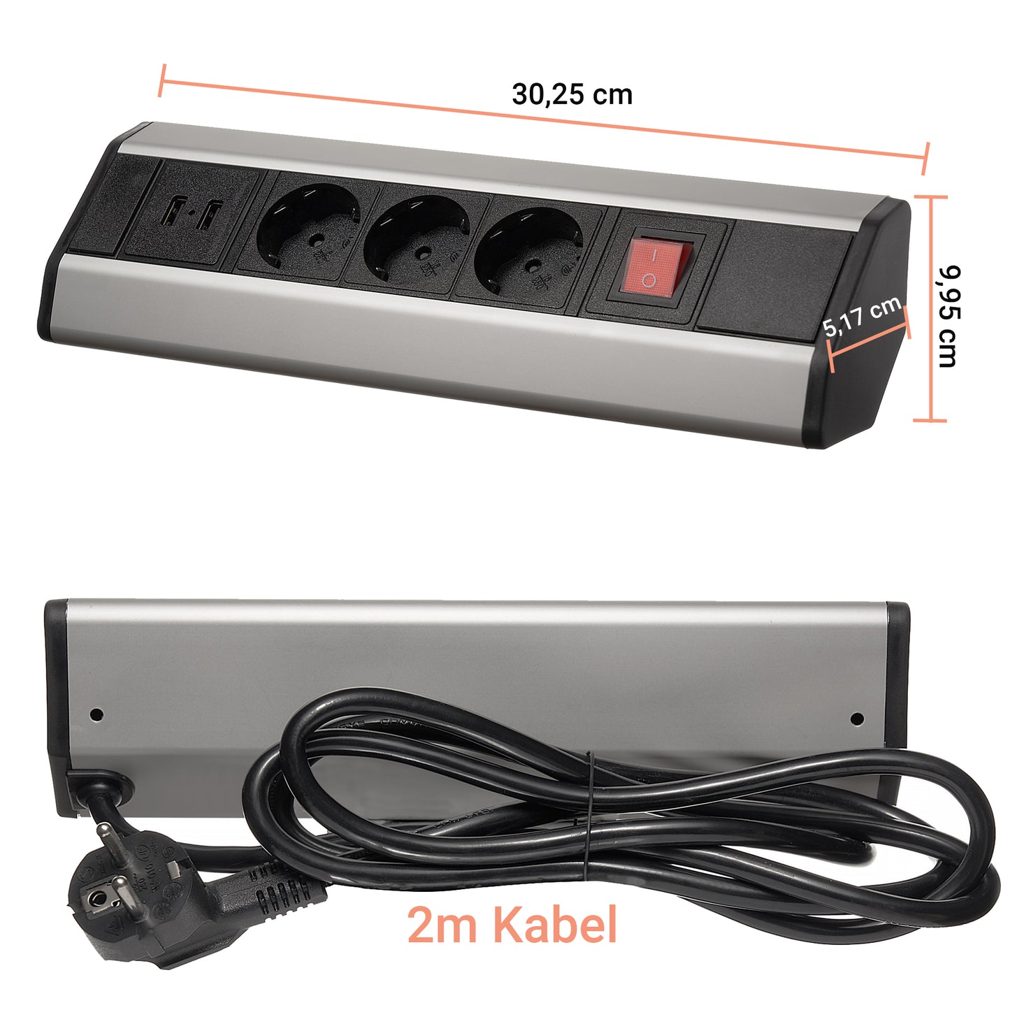 Möbel-Steckdose Schalter USB Tischsteckdose Küche Büro Steckdosenleiste 2m Kabel