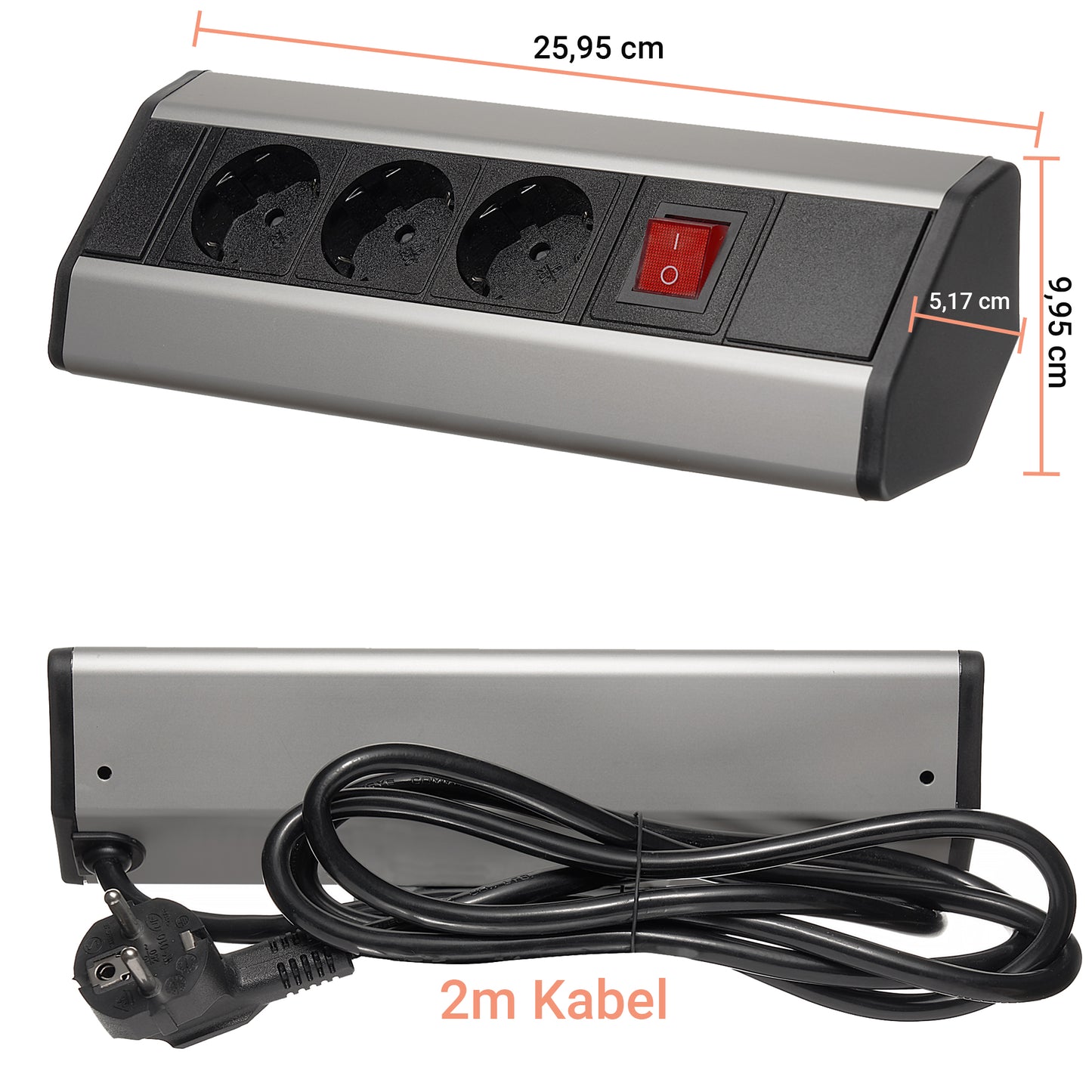 Möbel-Steckdose Schalter Mehrfachsteckdose Küche Büro Steckdosenleiste 2m Kabel