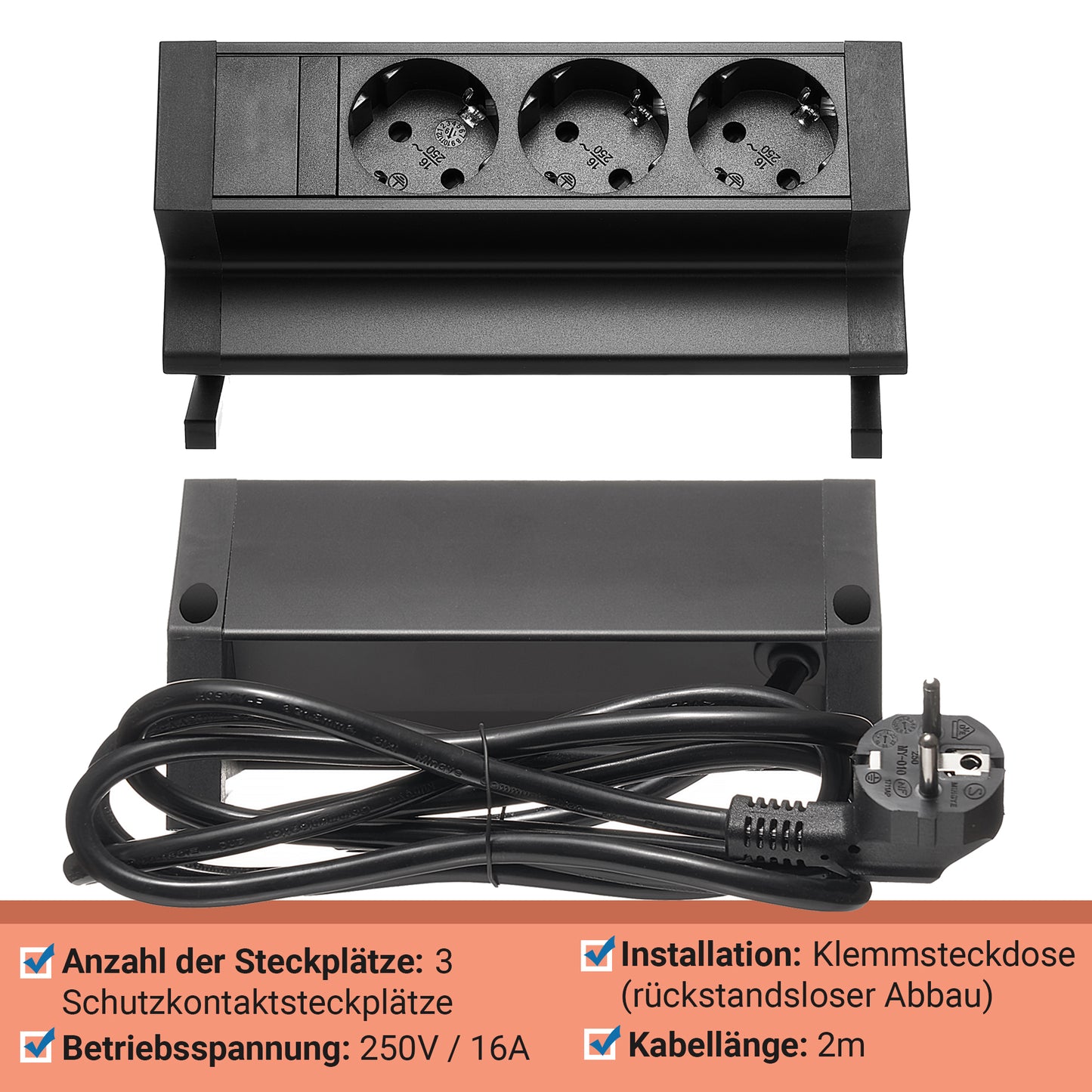 Möbel-Steckdose 3-fach Mehrfachsteckdose Steckdosenleiste Büro 2m Kabel Tisch