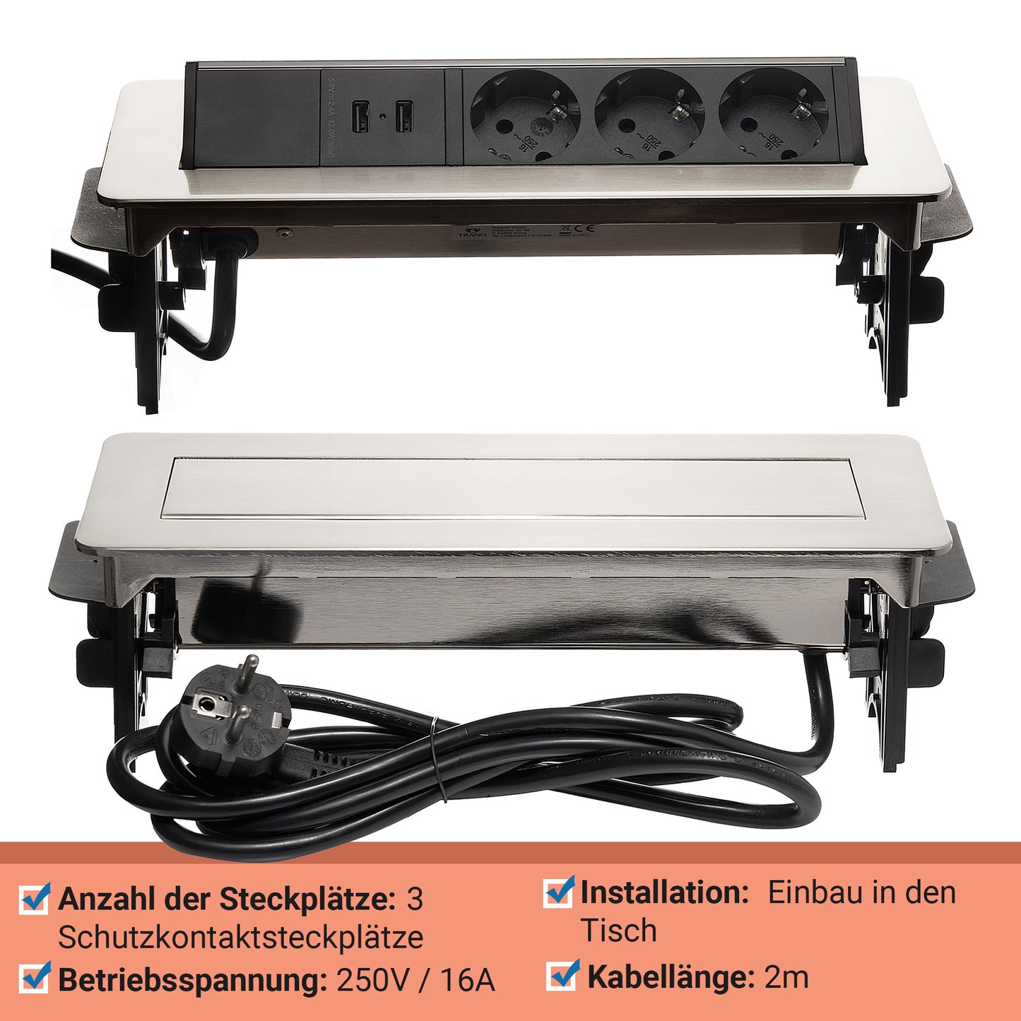 Möbel-Steckdose 3-fach 2x USB Mehrfachsteckdose Küche 2m Kabel Steckdosenleiste