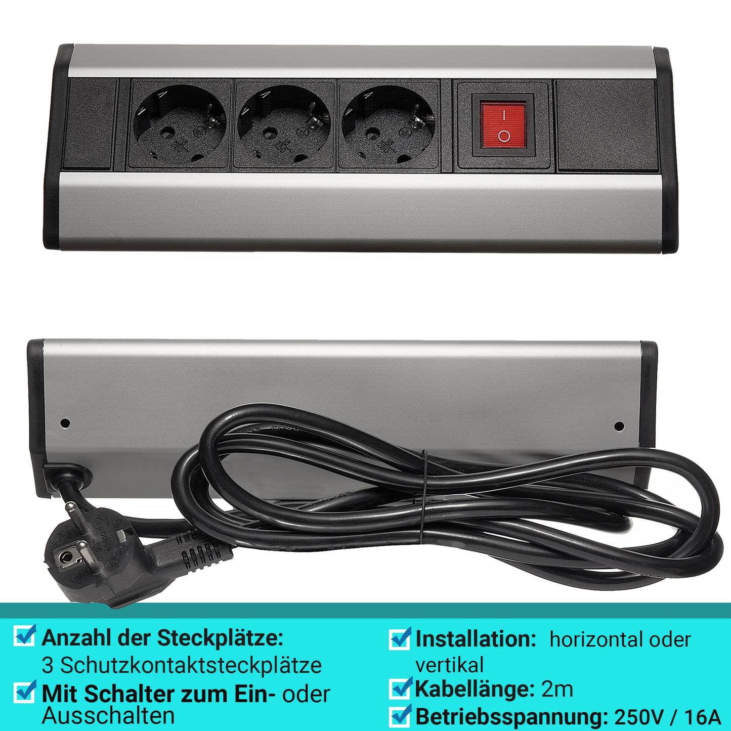 Möbel-Steckdose Schalter Mehrfachsteckdose Küche Büro Steckdosenleiste 2m Kabel