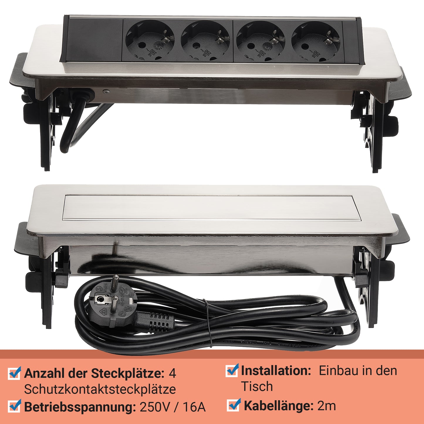 Möbel-Steckdose Mehrfachsteckdose versenkbar Küche 2m Kabel Steckdosenleiste