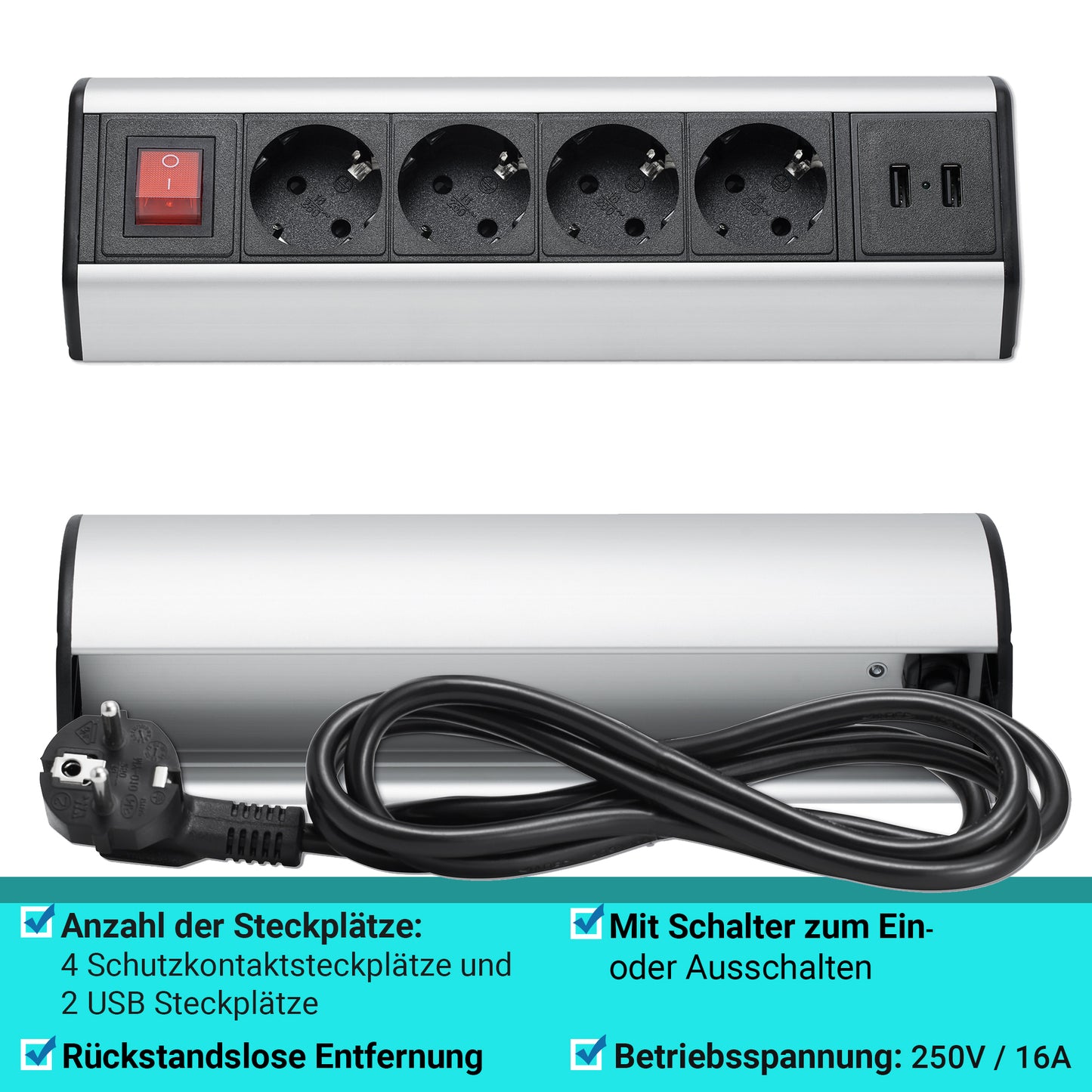 Möbel-Steckdose 4-fach Schalter USB Steckdosenleiste Schreibtisch Büro Küche 2m