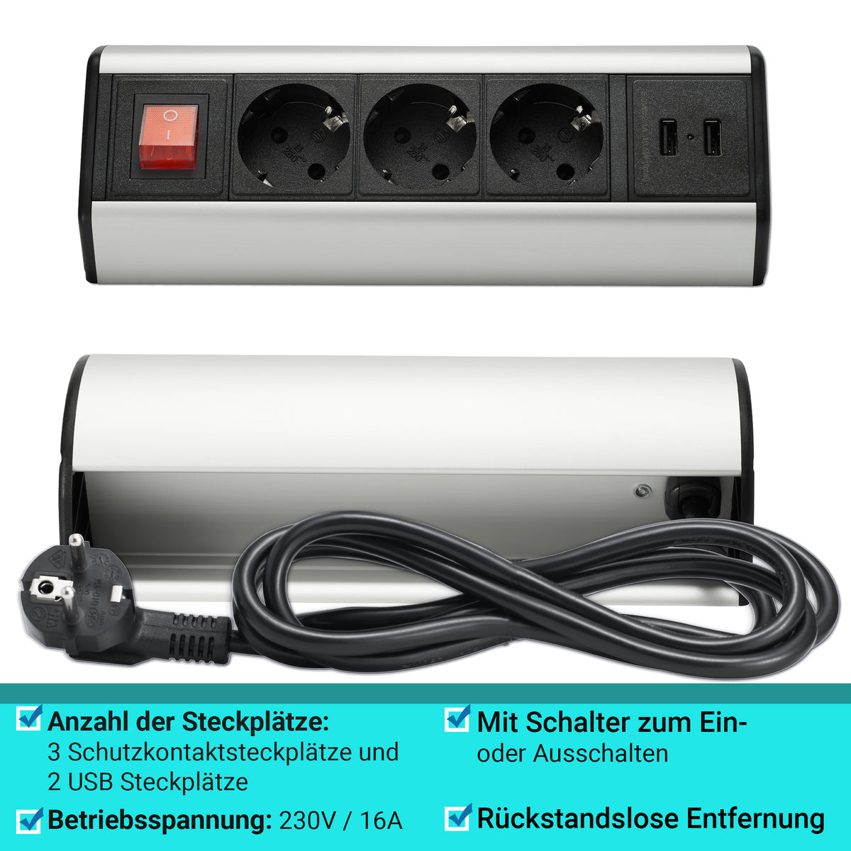 Möbel-Steckdose Schreibtisch Küche Büro Schalter Kabel USB Mehrfachsteckdose
