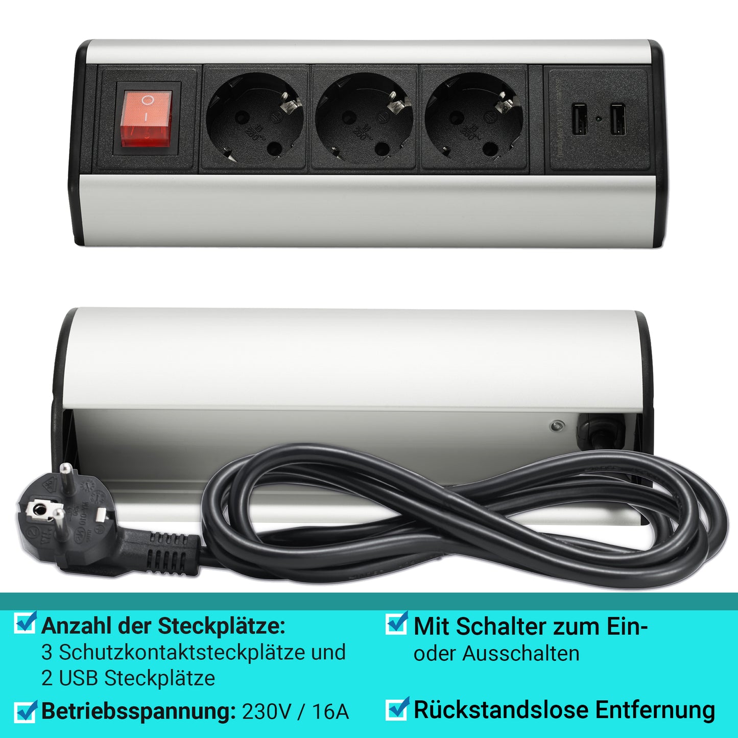 Möbel-Steckdose Schreibtisch Küche Büro Schalter Kabel USB Mehrfachsteckdose