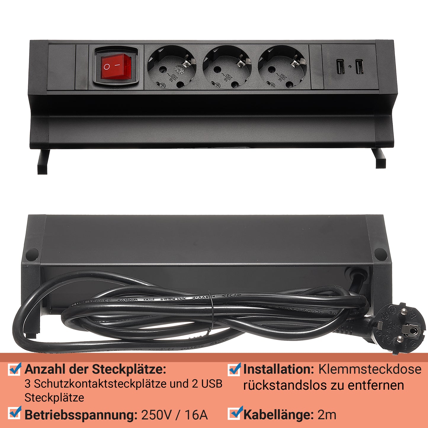 Tisch-Steckdose 3-fach 2x USB Schalter Mehrfachsteckdose Büro 2m Kabel