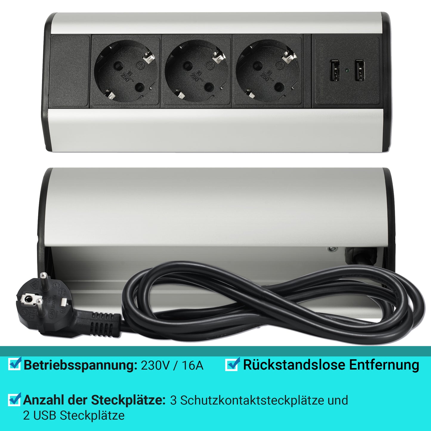 Schreibtisch-Steckdose Möbel Küche Tische Steckdosenleiste 3-fach & USB Kabel 2M