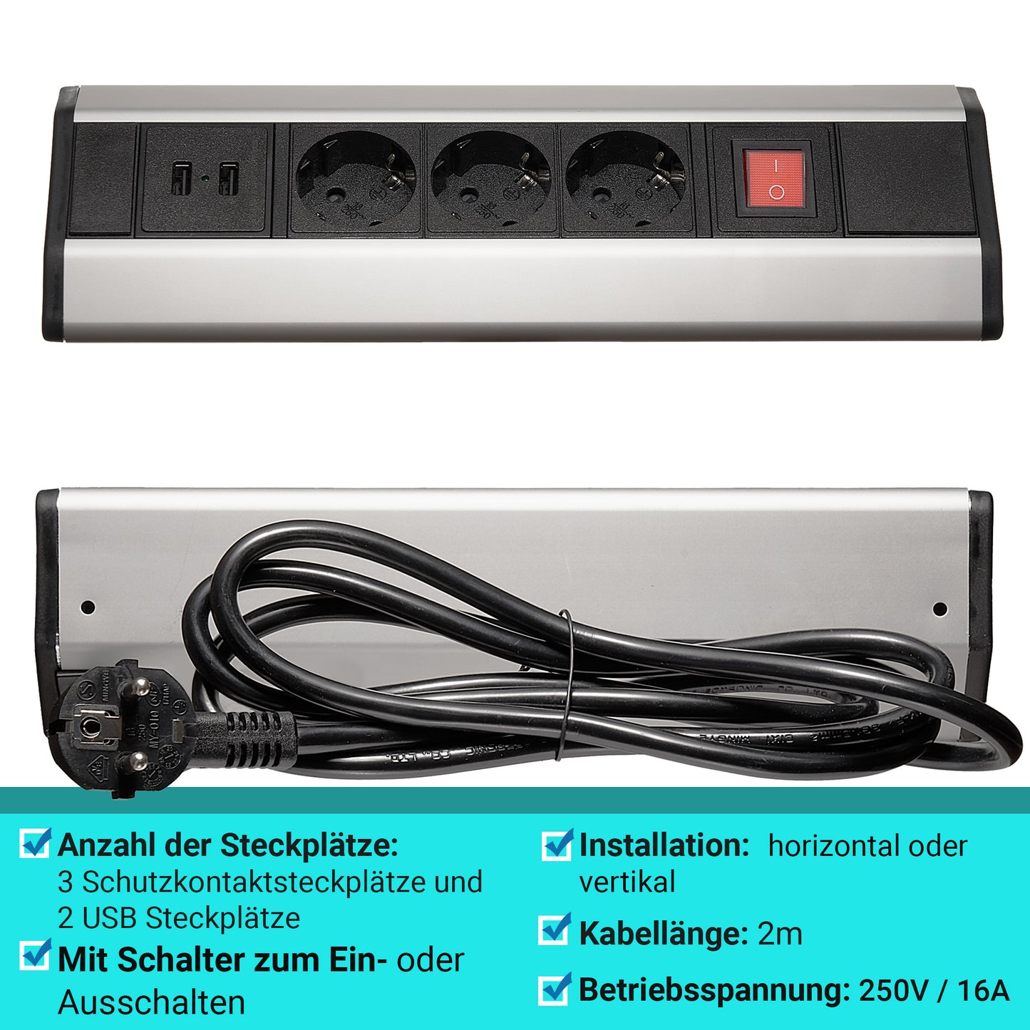 Möbel-Steckdose Schalter USB Tischsteckdose Küche Büro Steckdosenleiste 2m Kabel