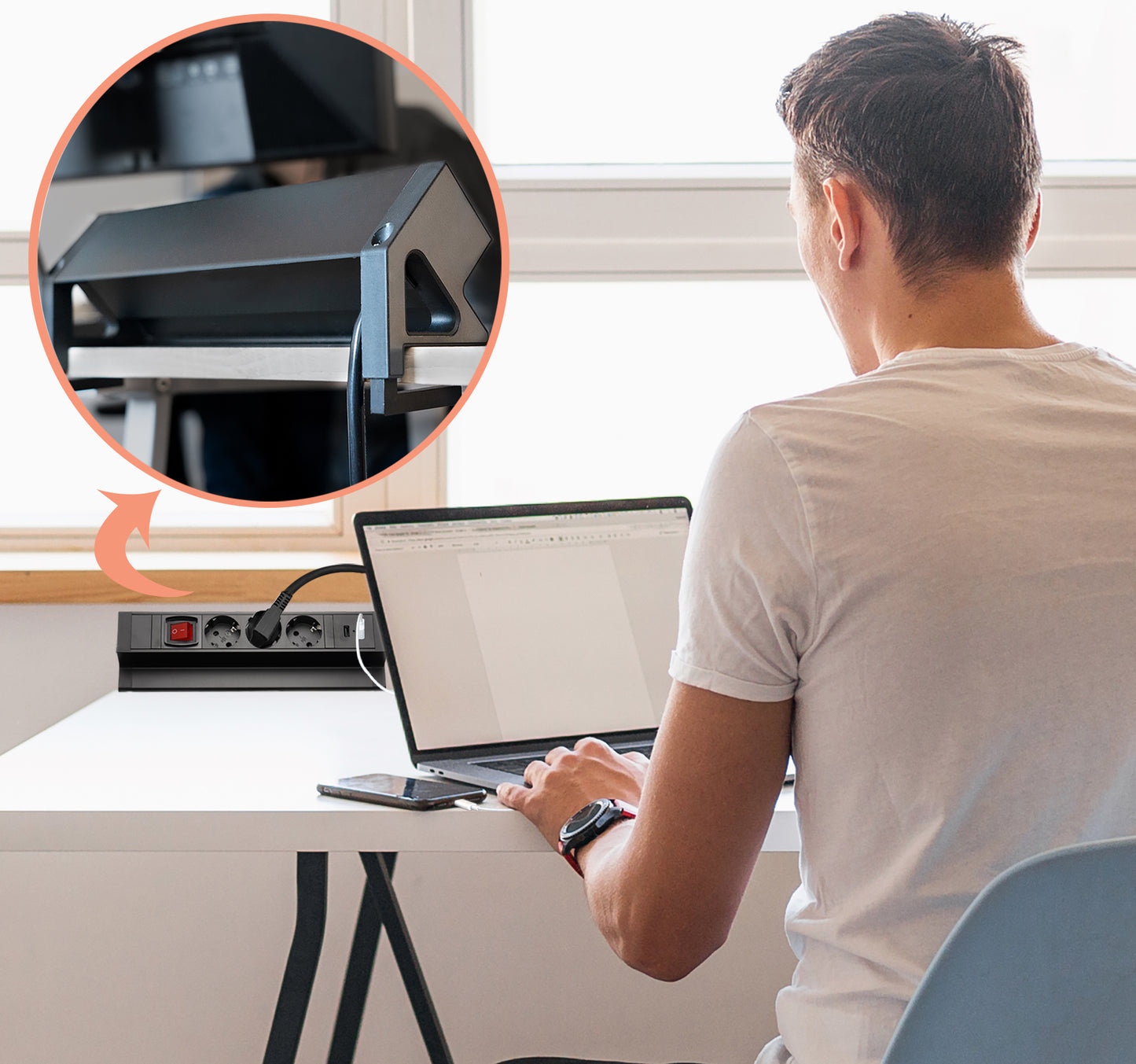 Tisch-Steckdose 3-fach 2x USB Schalter Mehrfachsteckdose Büro 2m Kabel