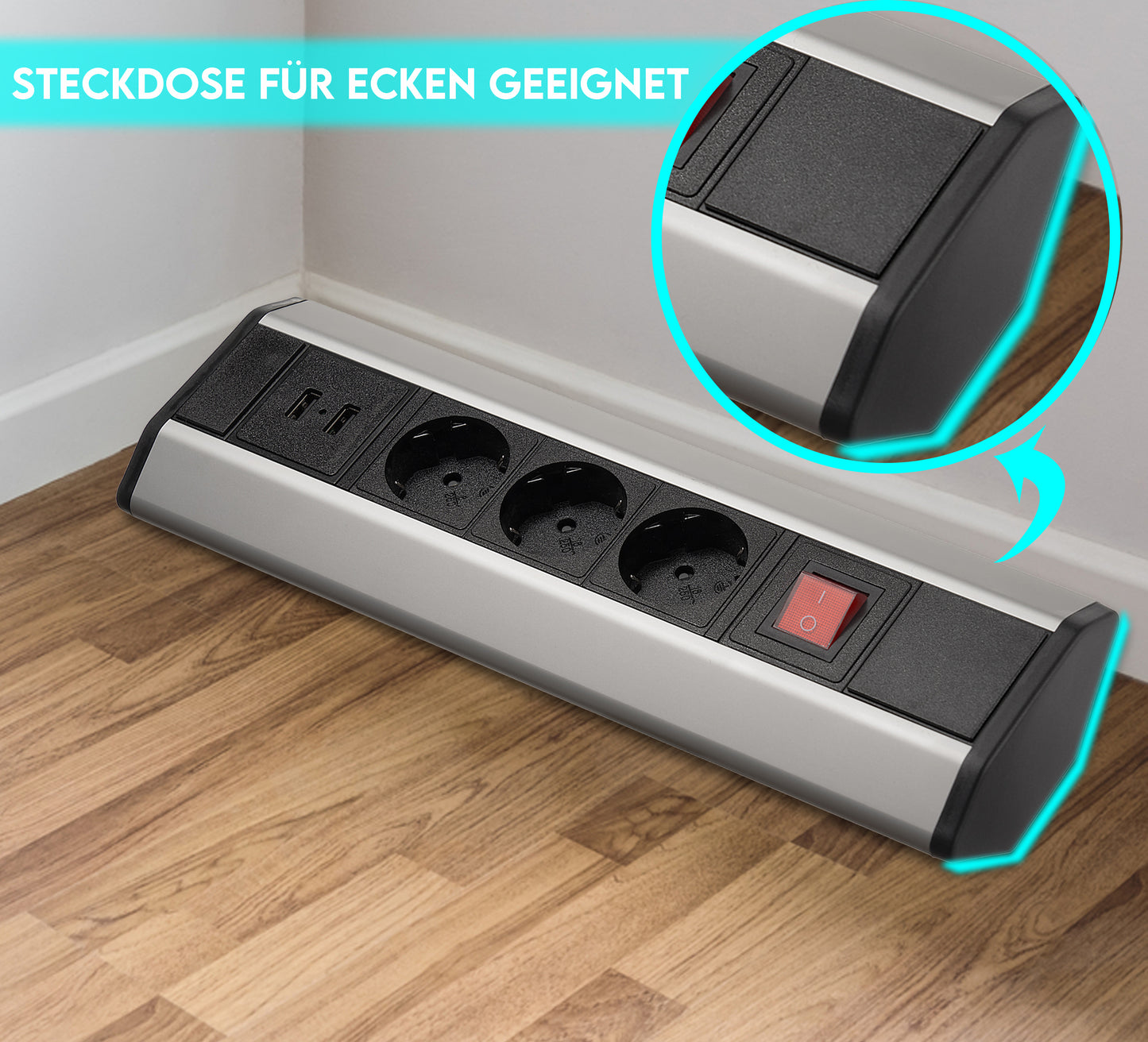 Möbel-Steckdose Schalter USB Tischsteckdose Küche Büro Steckdosenleiste 2m Kabel