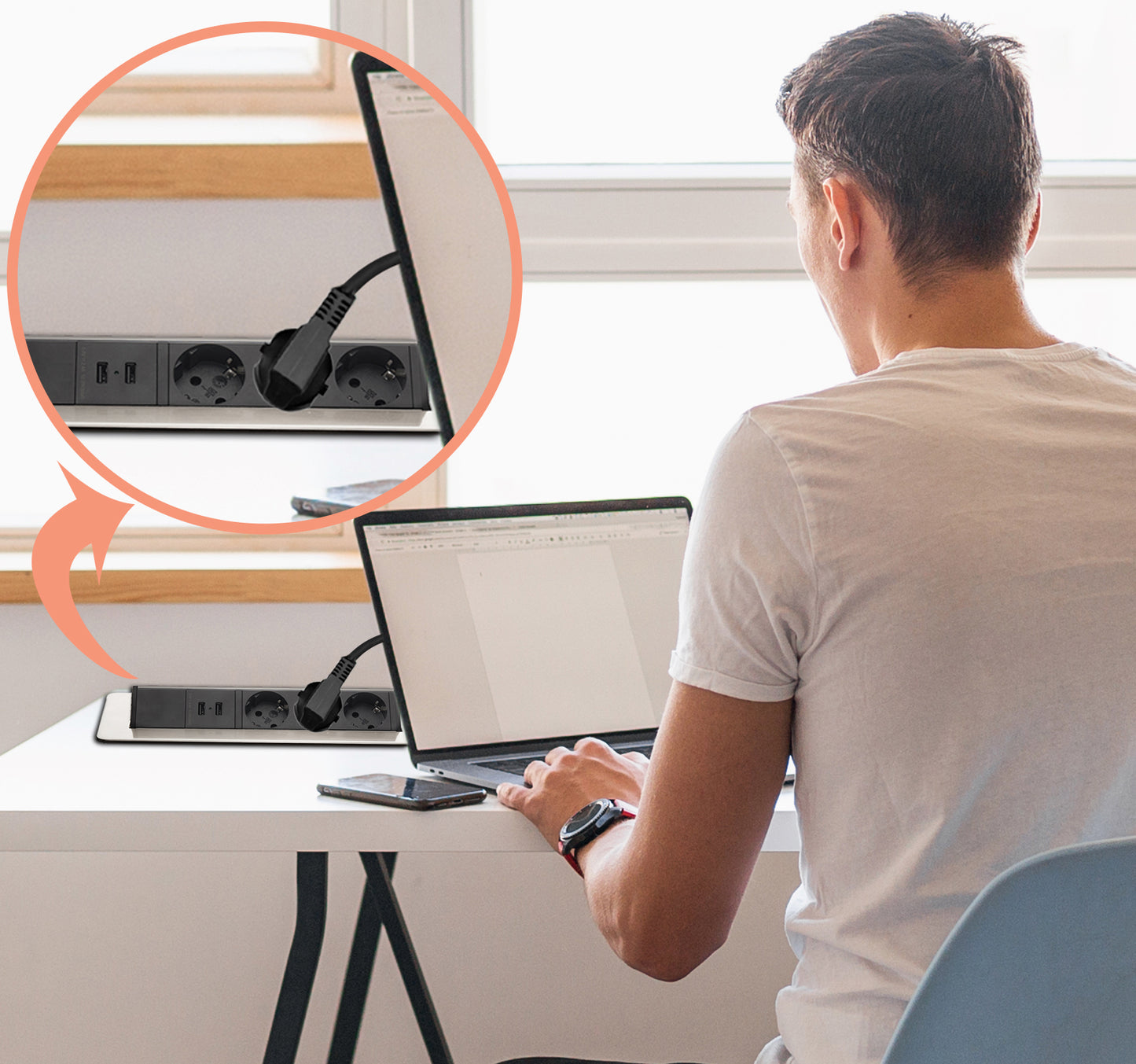 Möbel-Steckdose 3-fach 2x USB Mehrfachsteckdose Küche 2m Kabel Steckdosenleiste