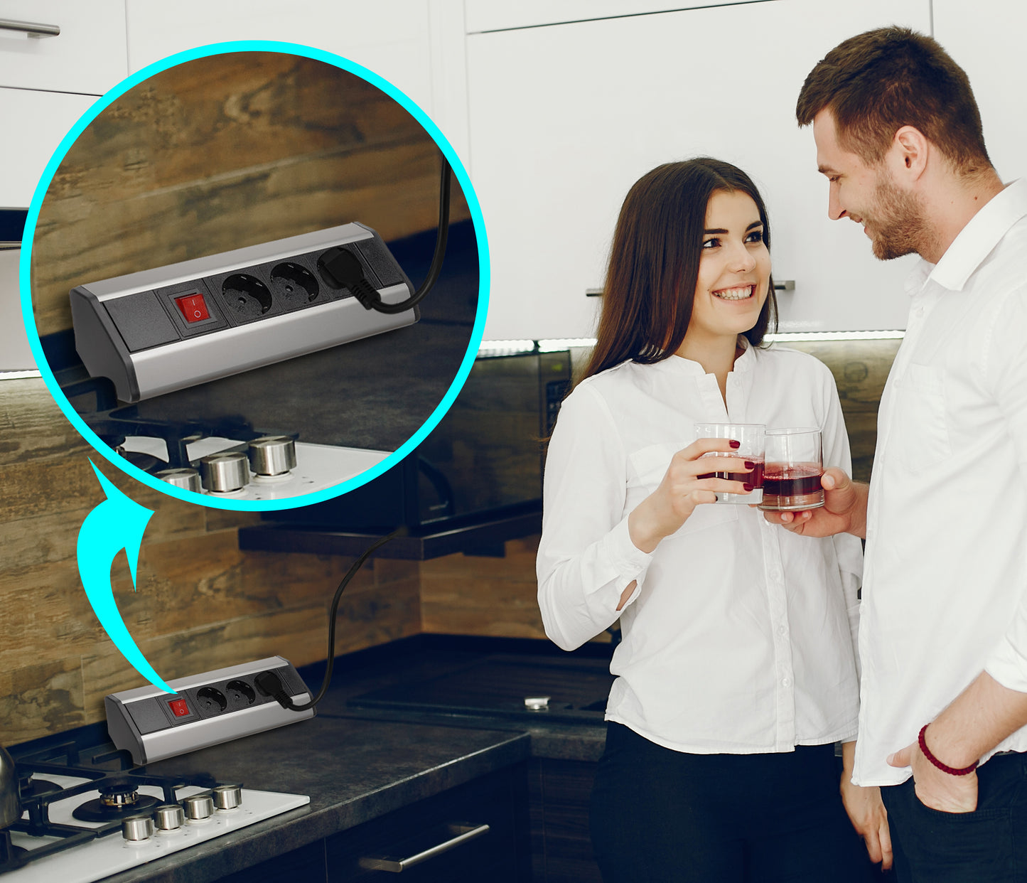 Möbel-Steckdose Schalter Mehrfachsteckdose Küche Büro Steckdosenleiste 2m Kabel