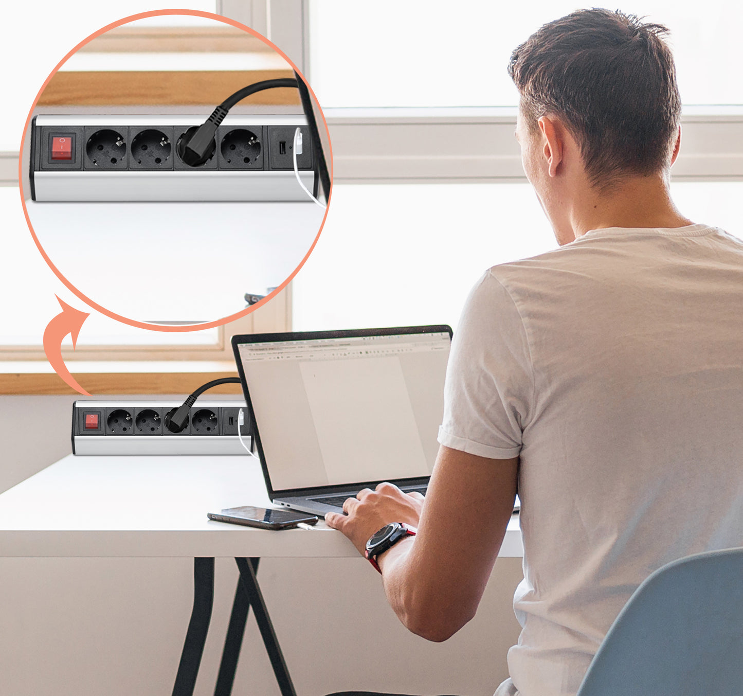 Möbel-Steckdose 4-fach Schalter USB Steckdosenleiste Schreibtisch Büro Küche 2m